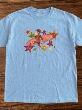 Gildan Light Blue Curious Monkey Surf Graphic Tee